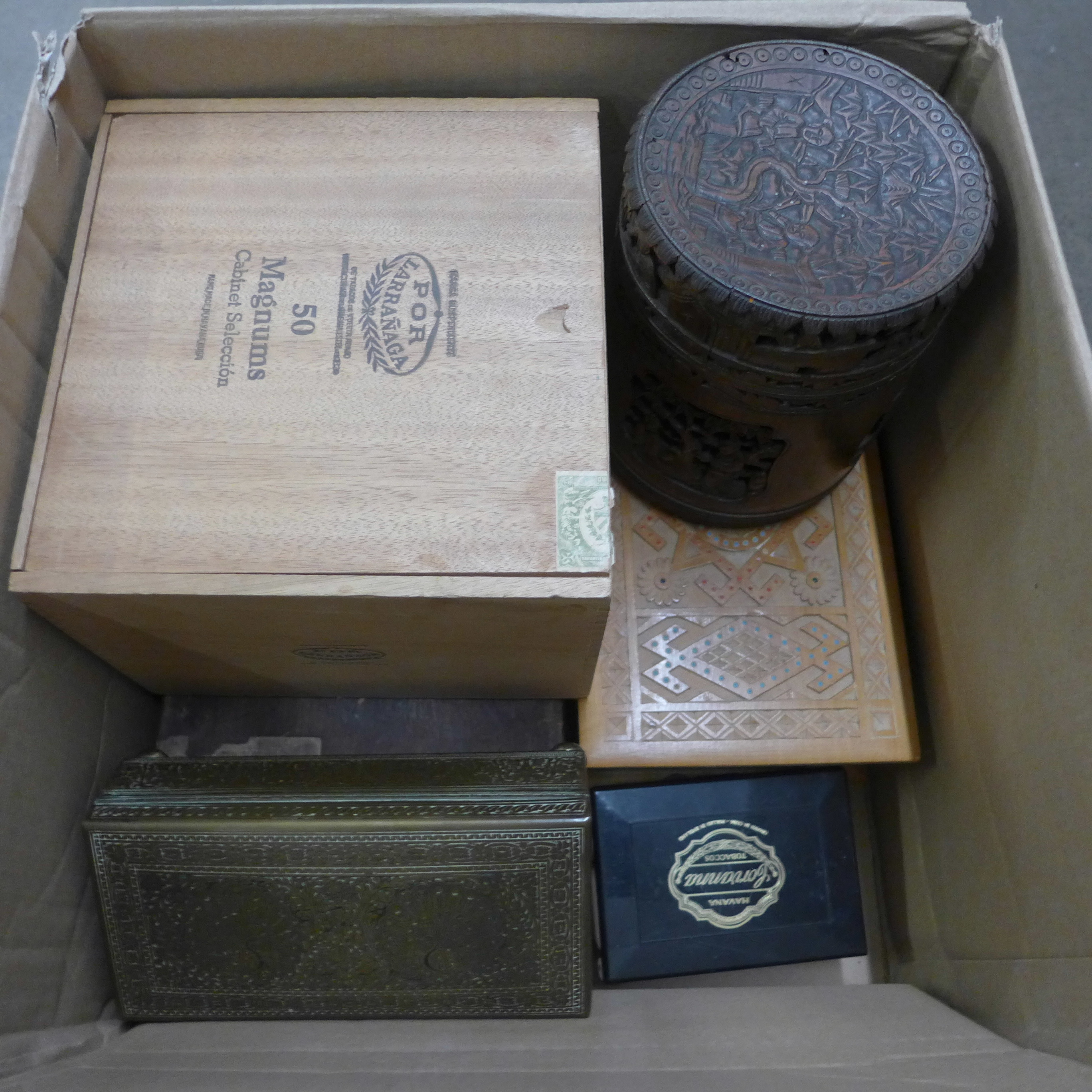 Cigar boxes, carved bamboo pot, etc. **PLEASE NOTE THIS LOT IS NOT ELIGIBLE FOR POSTING AND