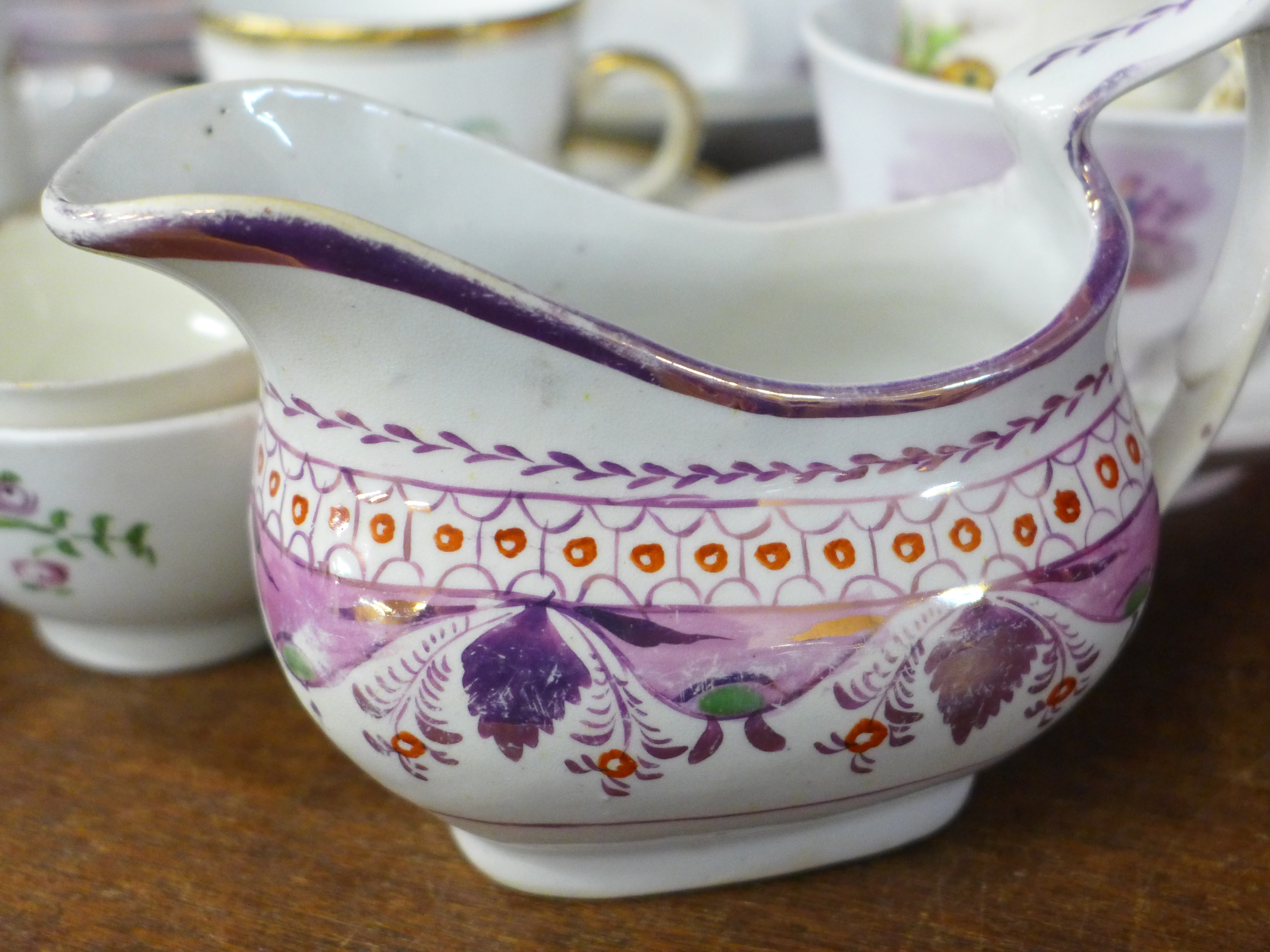 Four Victorian pink lustre cups and saucers, a similar cream jug, two other Victorian cups and - Image 9 of 10