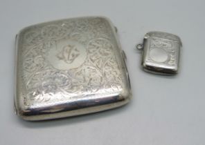A silver cigarette case and a silver vesta, 98g and 16g