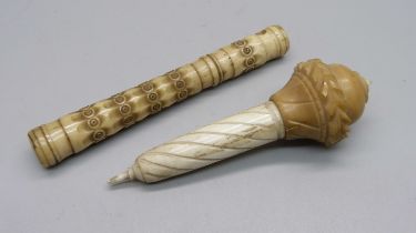 Two vegetable ivory needle cases