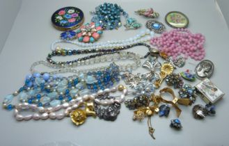 A collection of Bohemian crystal and glass, bead necklaces, compact, brooches, pill box, etc.