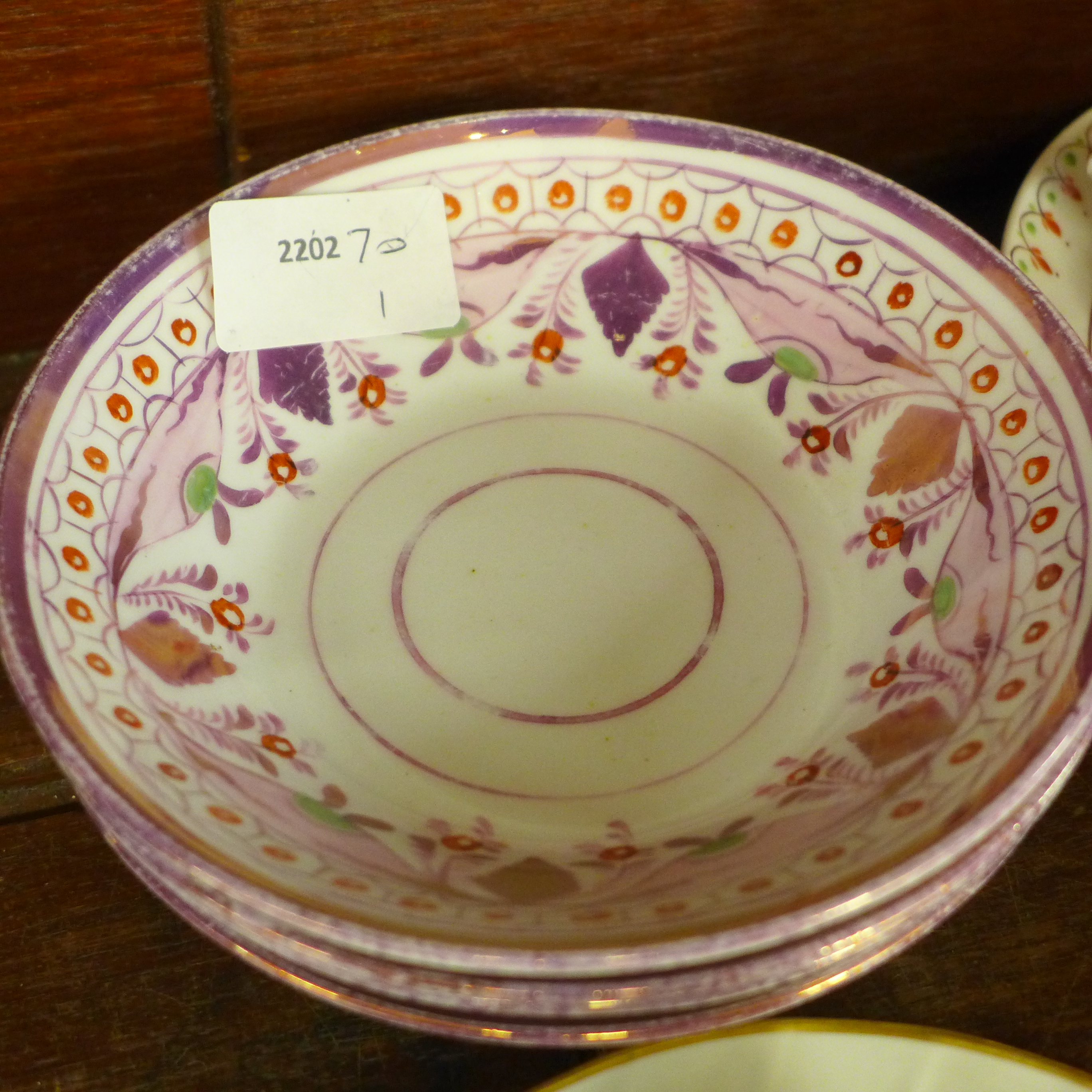 Four Victorian pink lustre cups and saucers, a similar cream jug, two other Victorian cups and - Image 3 of 10