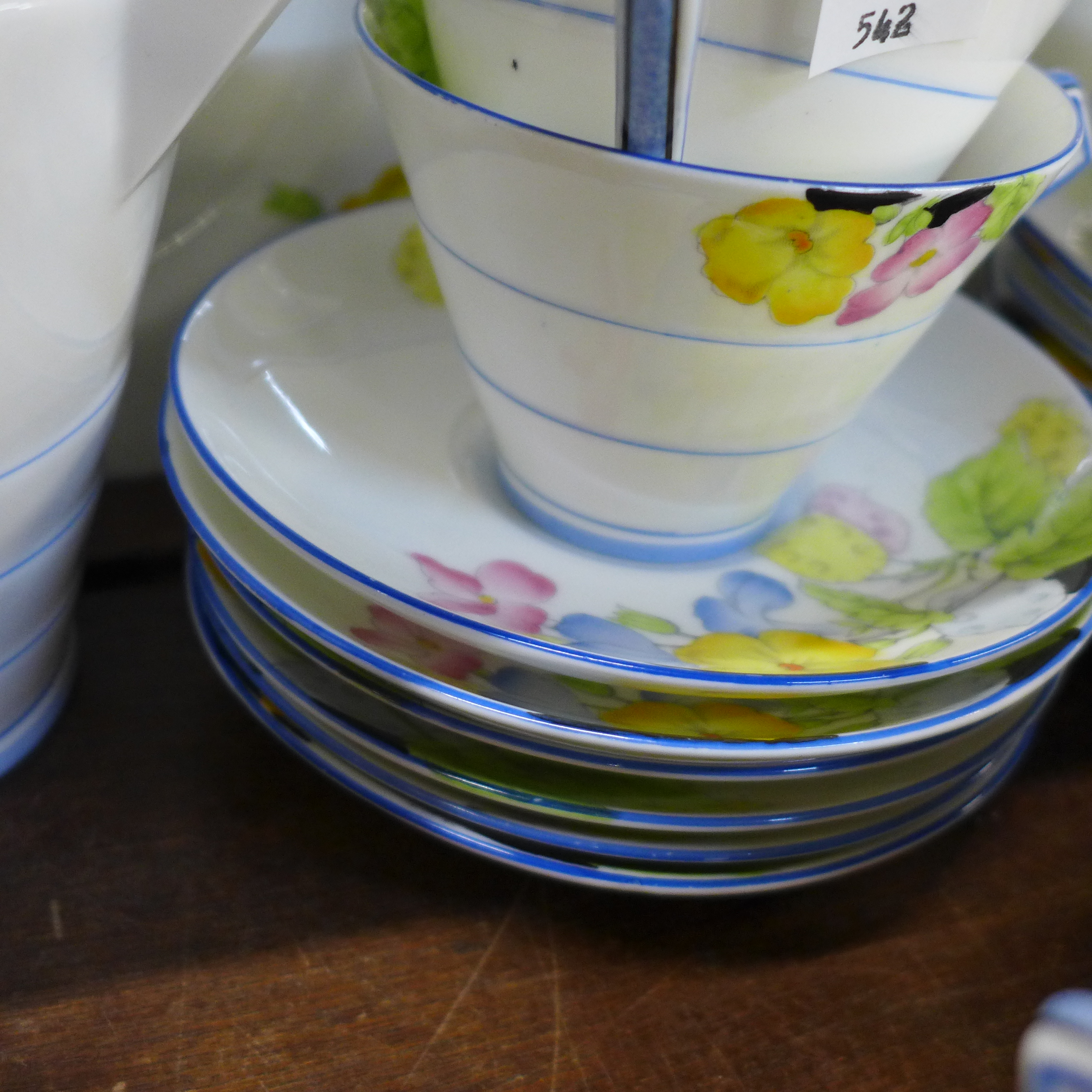 A Paragon Art Deco twelve setting tea set with coffee pot, teapot, sugar bowl, milk jug, tea cups, - Image 3 of 6