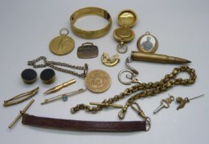 A plated bangle, Victorian brass chain, sovereign case and other jewellery