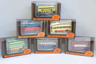 Six Exclusive First Editions 1:76 scale model buses, boxed