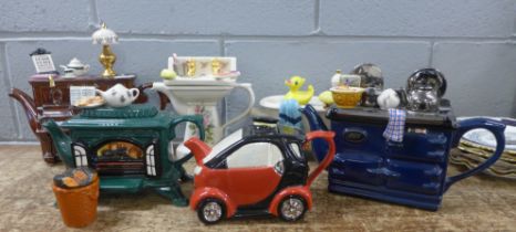 Six novelty teapots including Smart car and piano **PLEASE NOTE THIS LOT IS NOT ELIGIBLE FOR POSTING