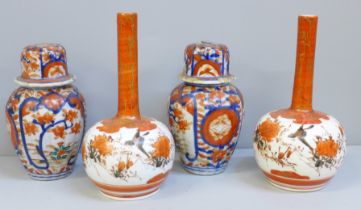 A pair of Japanese Kutani bottle vases and a pair of Imari lidded vases, a/f