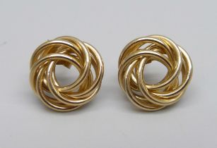 A pair of 9ct gold knot earrinsg with gold butterflies, tested, 1.7g