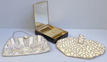 Two Edwardian beaded purses and a 1940s Park Lane L.S. Mayer all in one compact, lacking handle