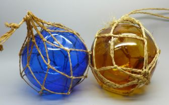 Two coloured glass fishing floats