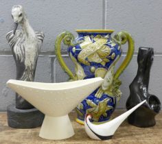 A hand painted Italian vase, a/f, a Hornsea studio craft dish, a modernist sculpture, signed and