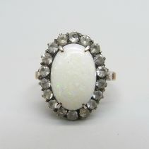 A 9ct gold, opal and white stone ring, 3.5g, L