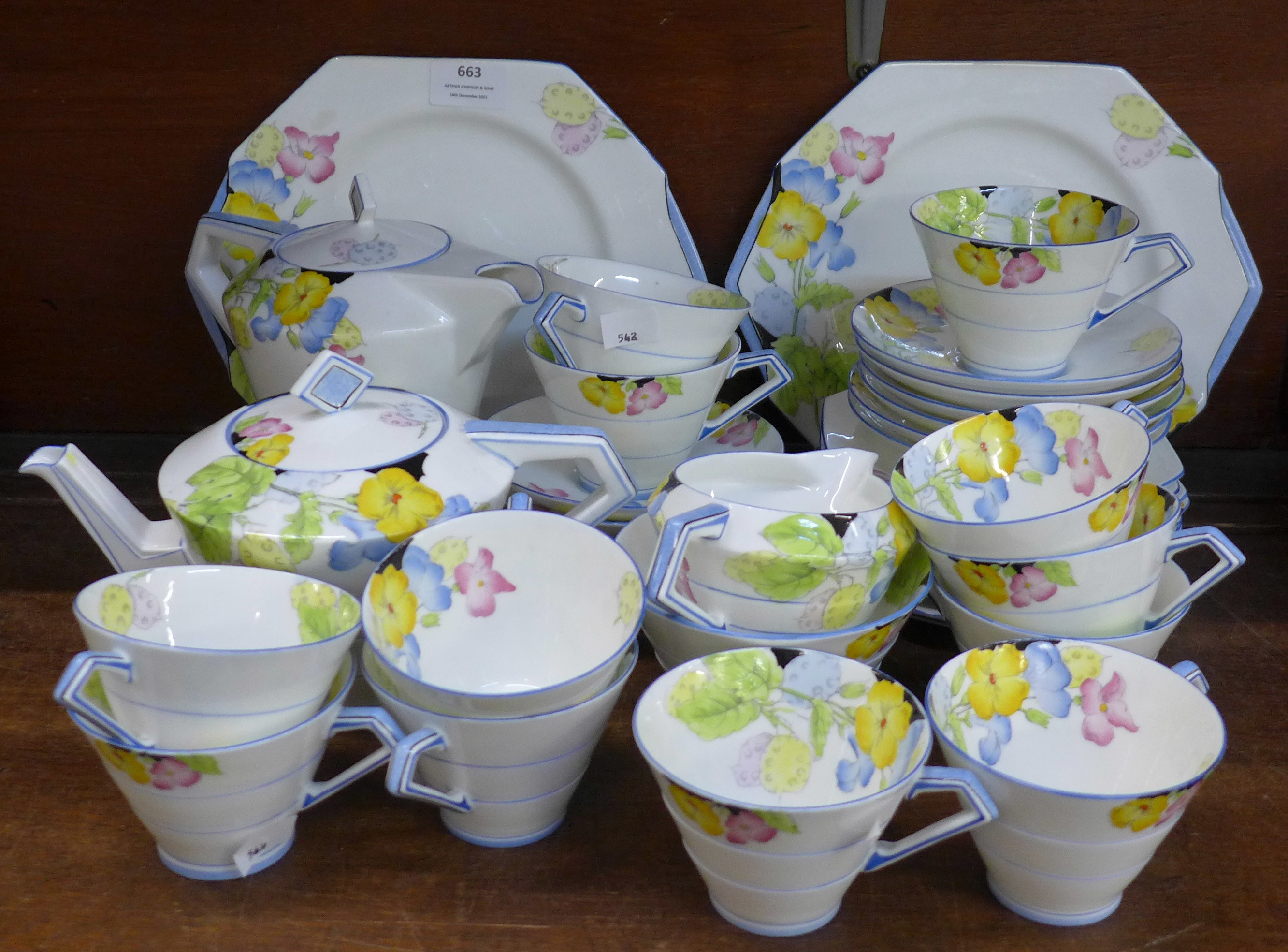 A Paragon Art Deco twelve setting tea set with coffee pot, teapot, sugar bowl, milk jug, tea cups,