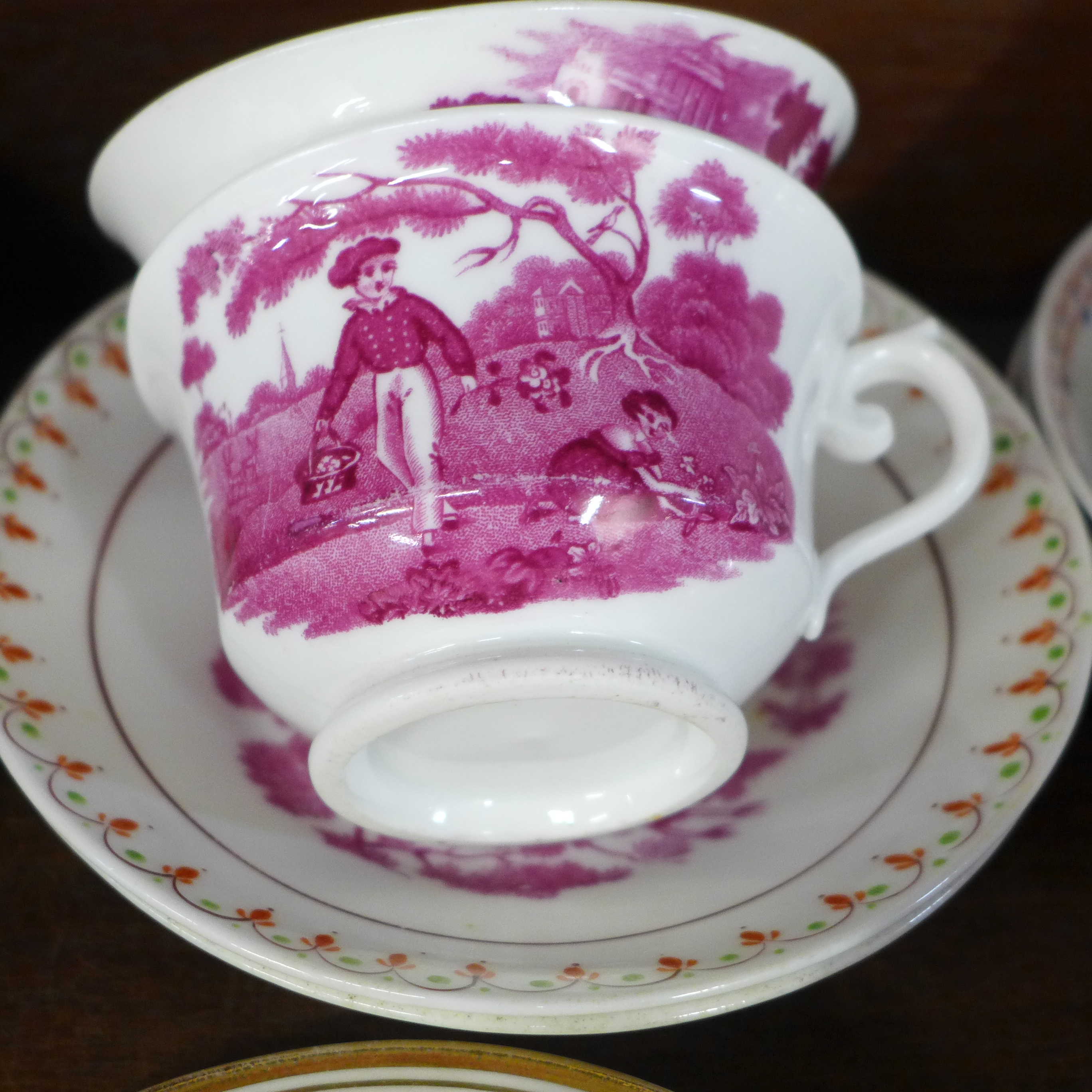 Four Victorian pink lustre cups and saucers, a similar cream jug, two other Victorian cups and - Image 5 of 10