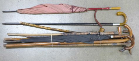 A collection of walking sticks including one silver mounted and two umbrellas