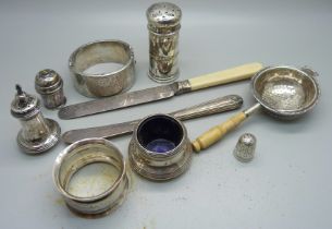 A collection of silver items including silver bangle, weighable silver 129g and some silver plate