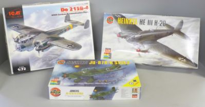 Two Airfix model kits;, Stuka and Heinkel bomber and an ICM German WWII plane model kit