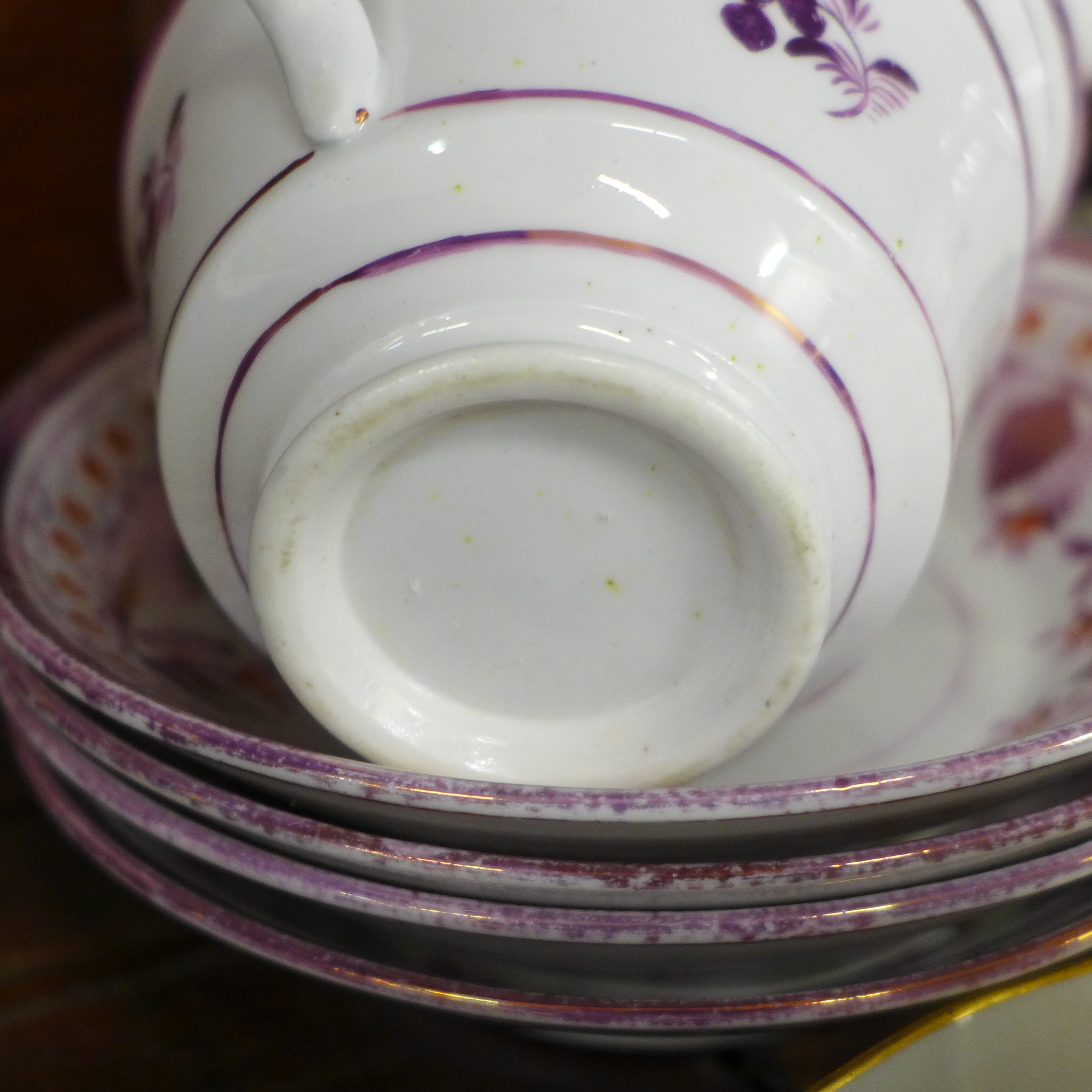 Four Victorian pink lustre cups and saucers, a similar cream jug, two other Victorian cups and - Image 4 of 10