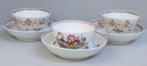 A pair of New Hall tea bowls and saucers, and a New Hall chinoiserie tea bowl and saucer, all late