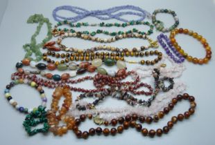 Hardstone necklets and bracelets including tiger's eye, amethyst, etc.