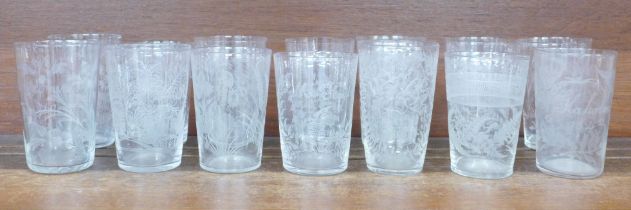 Fourteen etched glass beakers, each with name and some dated, late 19th/early 20th Century **