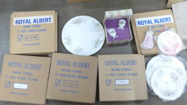 Two Royal Albert Haworth three tier cake stands, a Royal Albert Haworth gateau plate (without