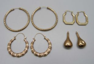 Three pairs of 9ct gold earrings and a pair of yellow metal earring lacking loops, 11.4g