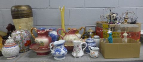 Two boxes of jewellery display stands, two wash bowls and jugs, large vase, yellow glass vase, other