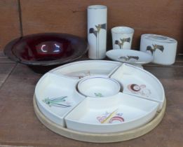 An Otigiri Japan four piece bathroom set, a deep ruby glass bowl and a Poole hors d'oeuvres set