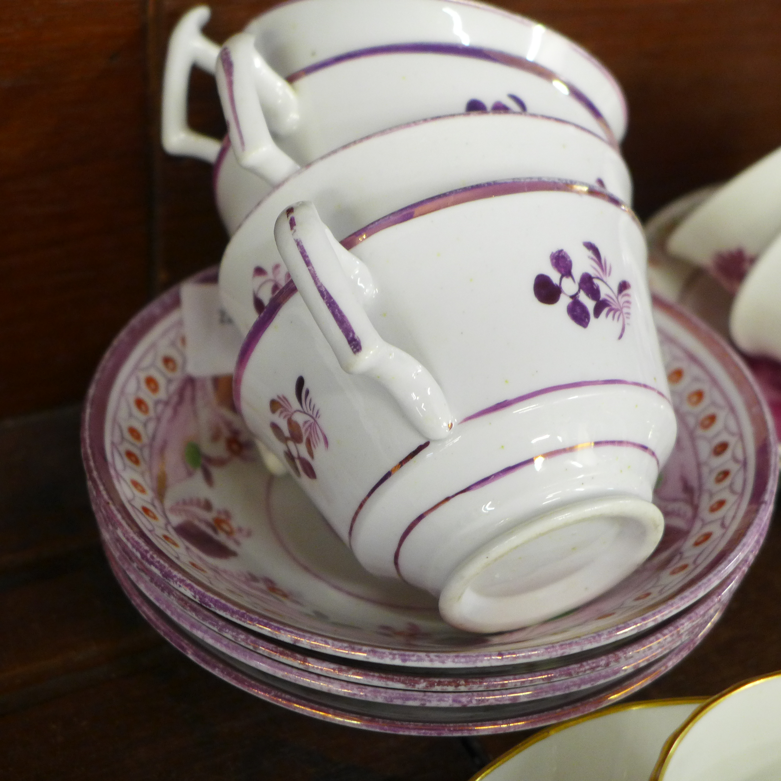 Four Victorian pink lustre cups and saucers, a similar cream jug, two other Victorian cups and - Image 2 of 10