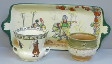 A Royal Doulton Arabian Nights tray, Ali Baba, a Royal Doulton pot, "And When The Timrous Trout I