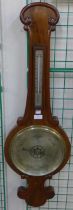 A Victorian walnut banjo thermometer, with thermometer