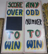 A pair of painted wooden carnival game signs