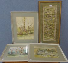A Chinese silk embroidery and three watercolours
