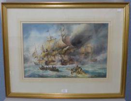 English School, Napoleonic Naval battle scene, watercolour, indistinctly signed, framed