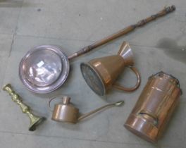 Assorted brass, copper and two stoneware flagons