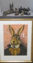 A hare figure group, three models of hares and a picture of a hare, print, framed