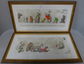 A pair of Brian O'Klein signed humorous dog prints, framed