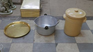 A brass tray, steel jam pan and lidded pot