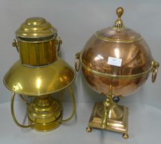 A Victorian copper and brass samovar and a brass hanging lamp