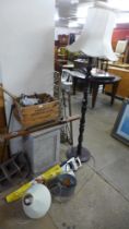 Assorted vintage tools, standard lamp, etc.