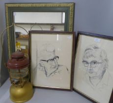 Two pen and ink studies, mirror and a vintage Tilley lamp