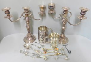 A pair of silver plated candelabra and other silver plate