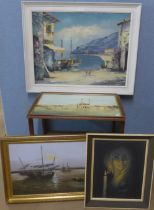 Two oil paintings, two prints and a 1960s print of a lady