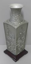 A box of Royal Selangor pewter Four Seasons Collection four-sided vase with wooden stand