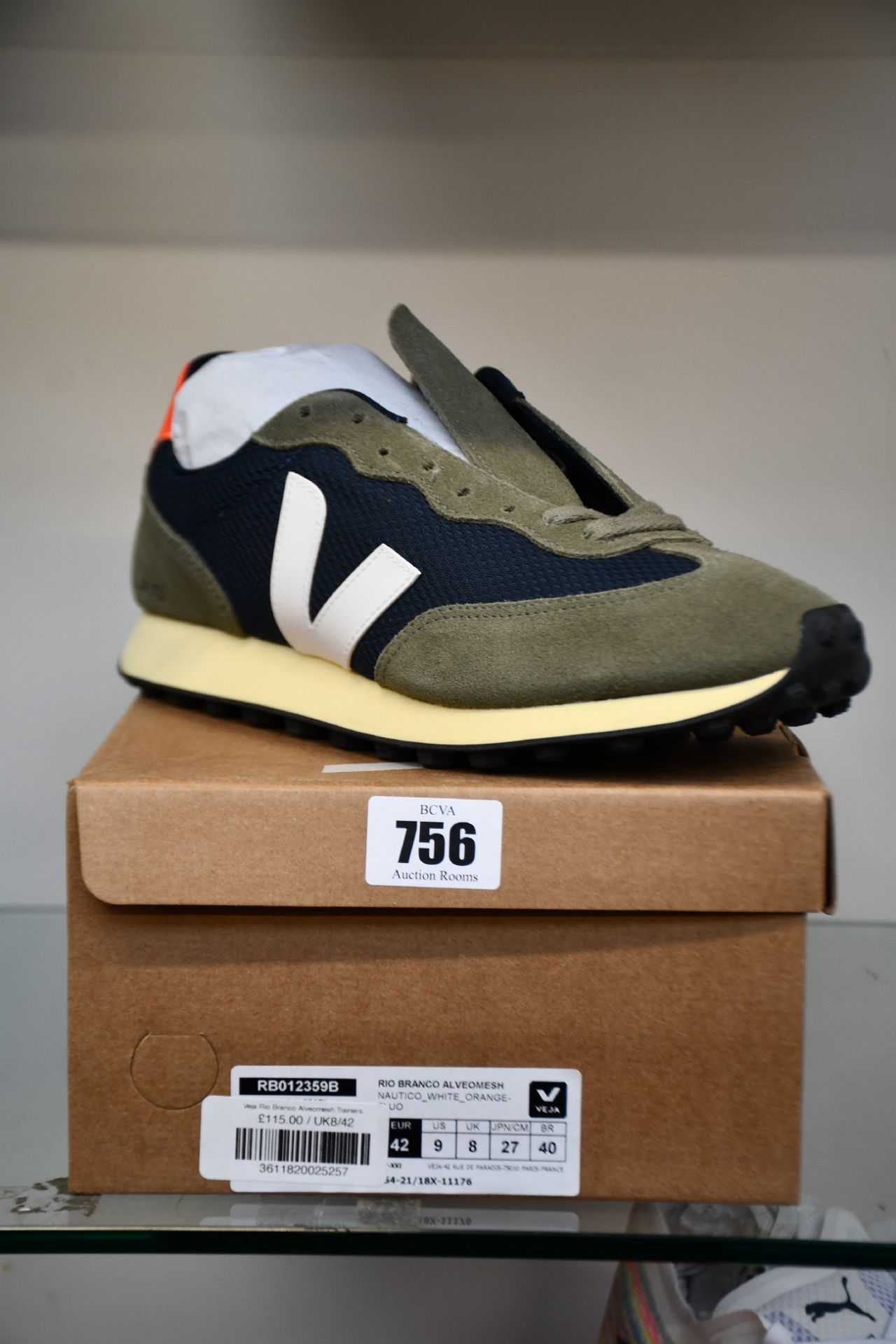 A pair of men's boxed as new Veja Rio Branco trainers in blue/grey/white/fluorescent orange (UK 8).