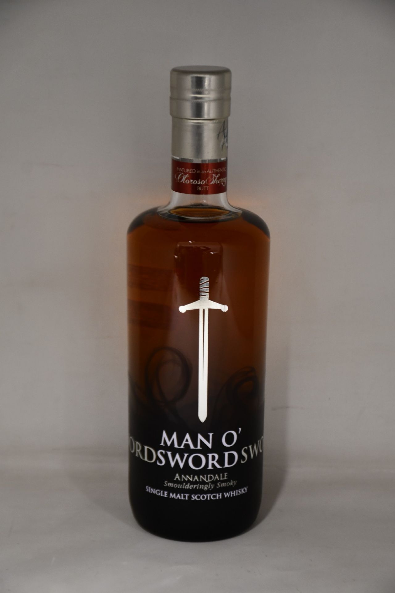 A bottle of Annandale Man 'O' Sword Smoulderingly Smoky single malt scotch whisky (Cask 760,