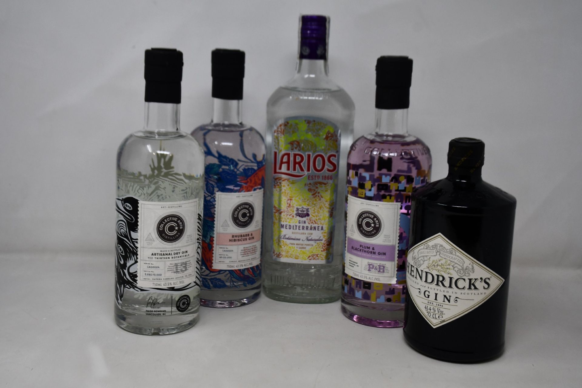 Three bottles of Larios gin (1ltr), four bottles of Collective Arts gin (750ml) and a bottle of