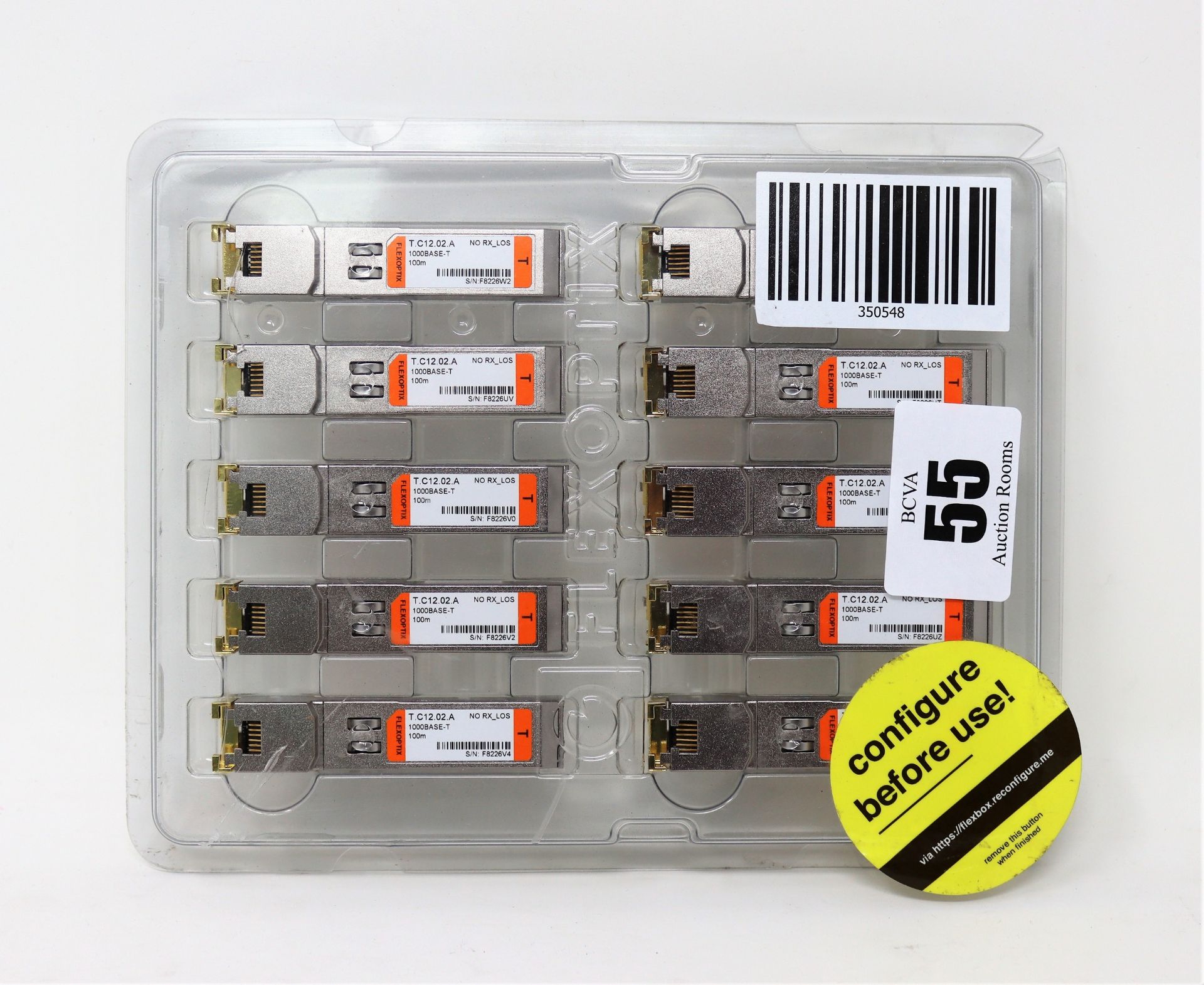 Ten as new Flexoptix 1000BASE-T 100m Copper SFP Universal Transceivers (Some damage to packaging).