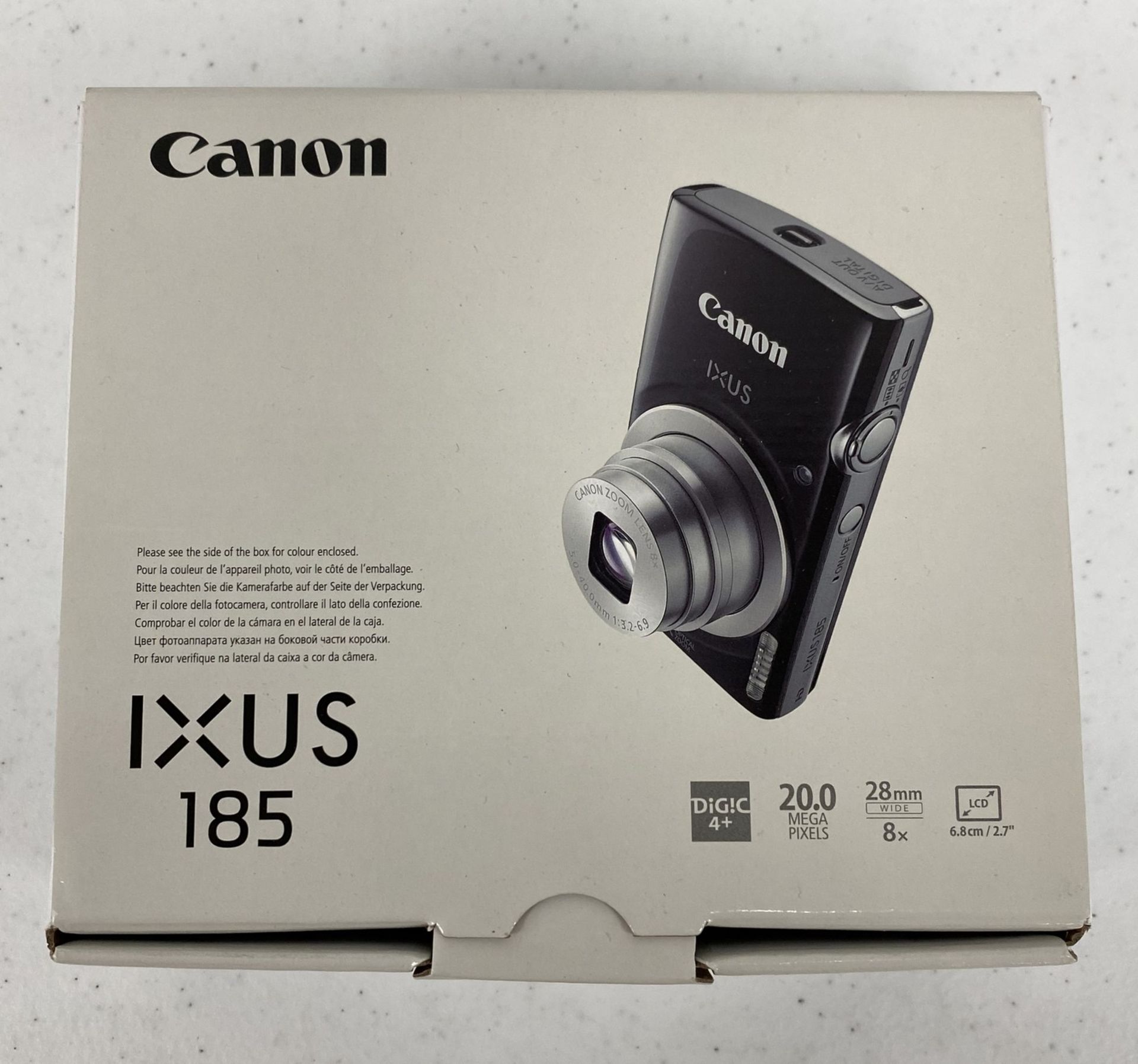 A boxed as new Canon IXUS 185 Ultra Slim Digital Compact Camera in Black (EAN: 8714574647456).